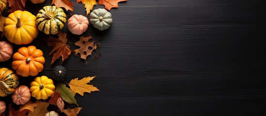 Flat lay arrangement on a textured black background featuring pumpkins, tree leaves, and hazelnuts with crayons for drawing, embodying fall, autumn, and Thanksgiving themes, leaving room for a copy