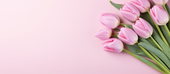 Obraz premium Soft-hued pink tulips bouquet with copy space image.