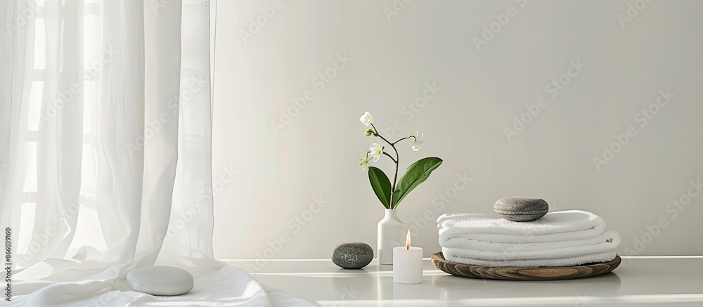 Poster capture the serene ambiance of a lovely spa setting against a white backdrop, perfect for showcasing