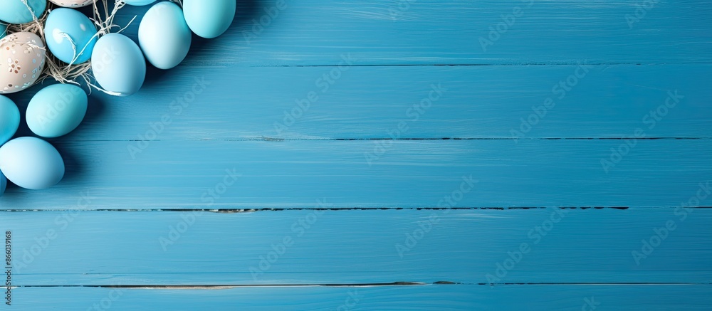 Poster easter eggs displayed on a blue wooden background with copy space image.