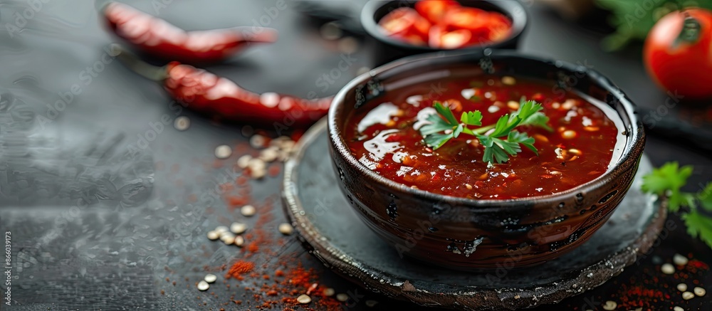 Poster selective focus on traditional chili sauce in a ceramic on a dark background with ample copy space i