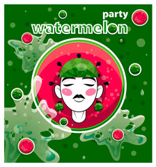 Watermelon. Watermelon party. Girl with watermelons. Picture with a character on a green background. Juicy berry. Watermelon Festival. Watermelon juice.