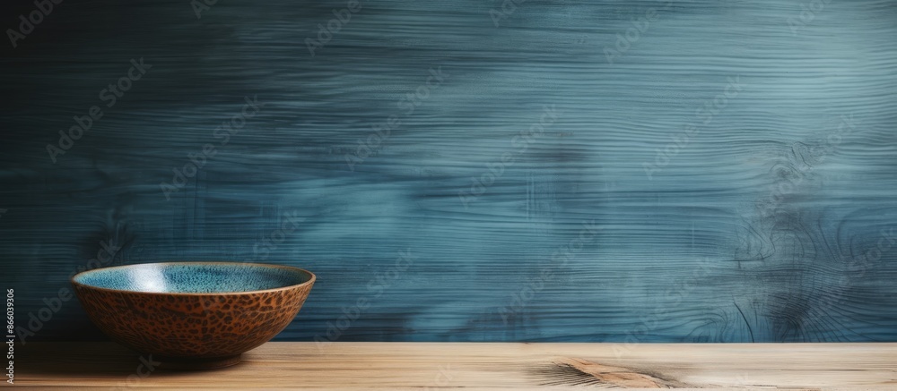 Poster rustic wooden surface showcasing a japanese handmade ceramic bowl with unique ceramic texture and co