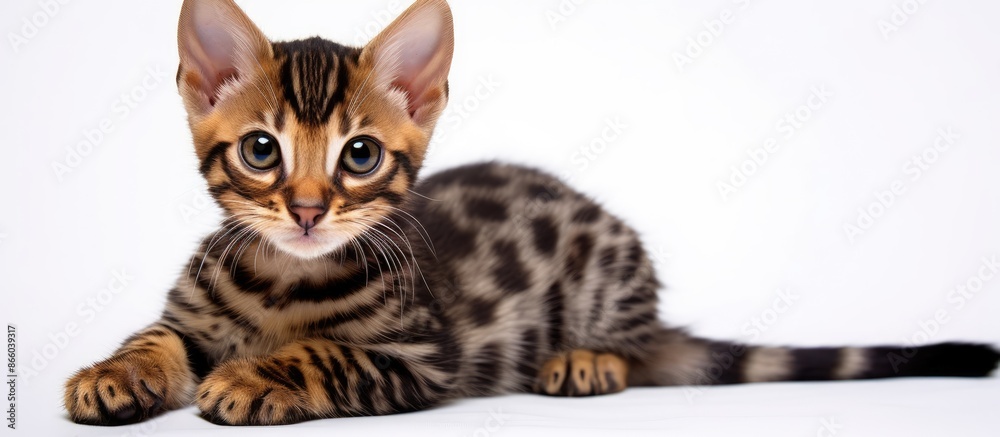 Poster a small bengal kitten with dark fur rests on a white backdrop, providing room for additional content