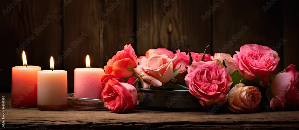 Poster a floral display featuring roses and ranunculus, accompanied by candles, set against a rustic wooden