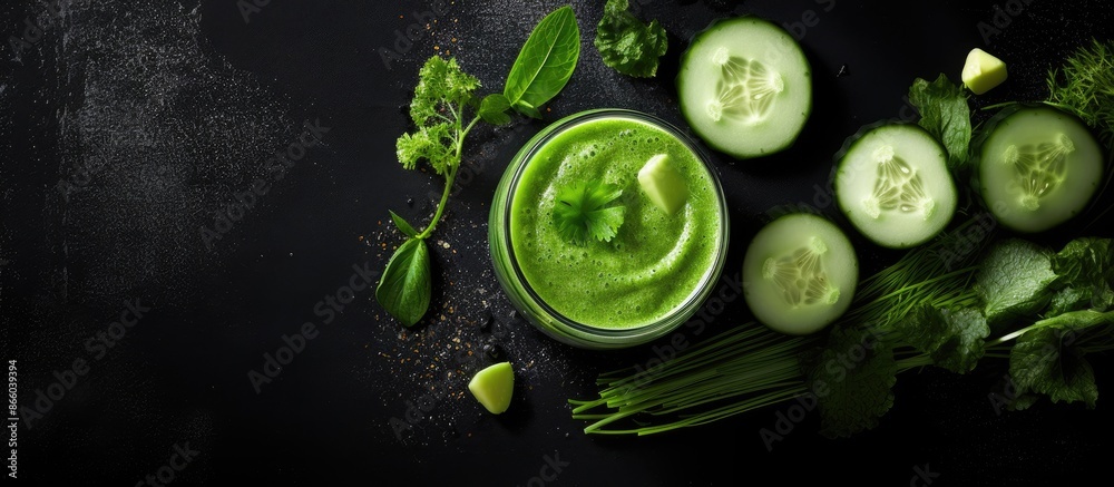 Poster a glass of nutritious green smoothie featuring cucumbers, spinach, avocado, and celery arranged on a