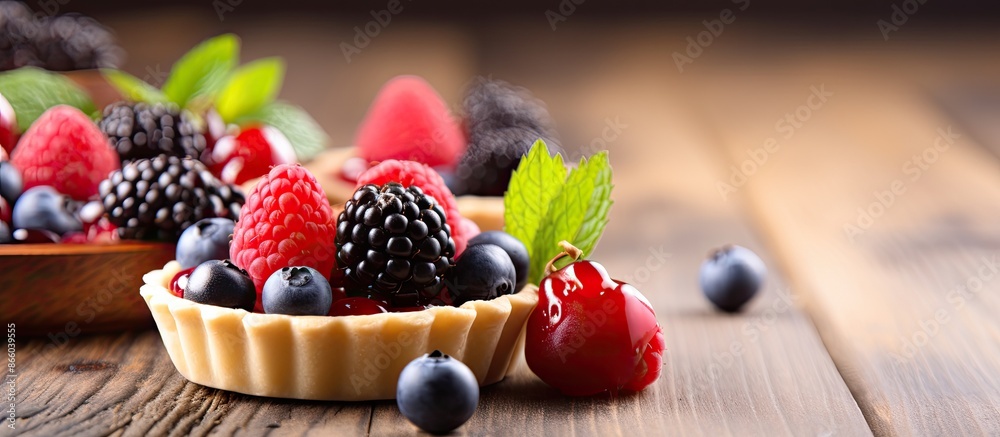 Aufkleber mini tart tartlets adorned with fresh berries on a wooden backdrop with copy space image.