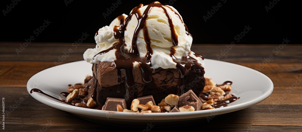 Aufkleber brownie sundae topped with vanilla ice cream, chocolate sauce, whipped cream, and nuts with room for