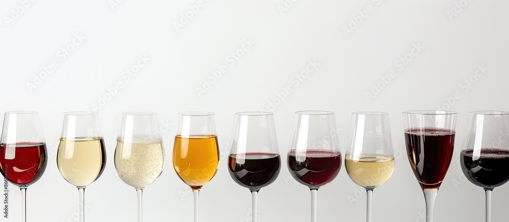 Poster Close-up of various wine-filled glasses on a white backdrop with ample copy space image.