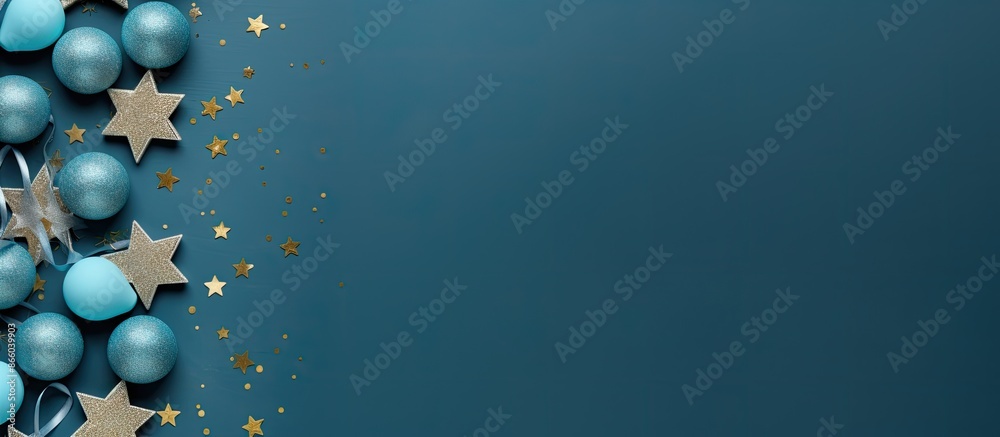 Aufkleber top view of a festive easter-themed scene featuring gray-blue easter eggs adorned with stars on a bl