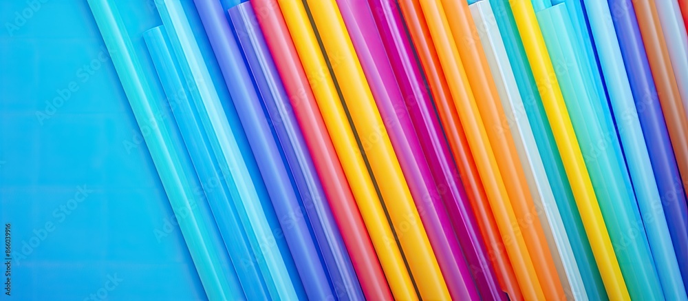 Poster Colorful plastic straws stacked on a vibrant background in a flat lay composition with space for text. Copy space image.