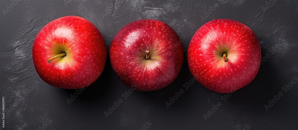 Aufkleber flat lay food photography of three ripe, red apples on a white background, representing a healthy nu