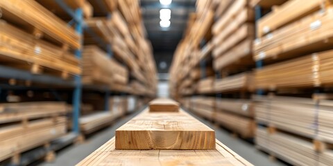 Obraz premium High shelves in a timber yard. Concept Storage solutions, Lumber organization, Timber yard safety, Material handling, Industrial shelving