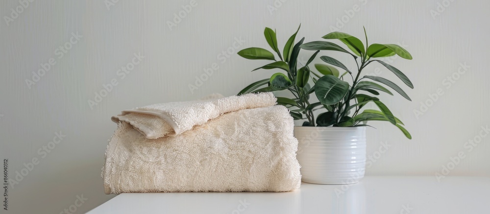 Poster a neat bath towel and a green houseplant placed on a white table with space for additional content i