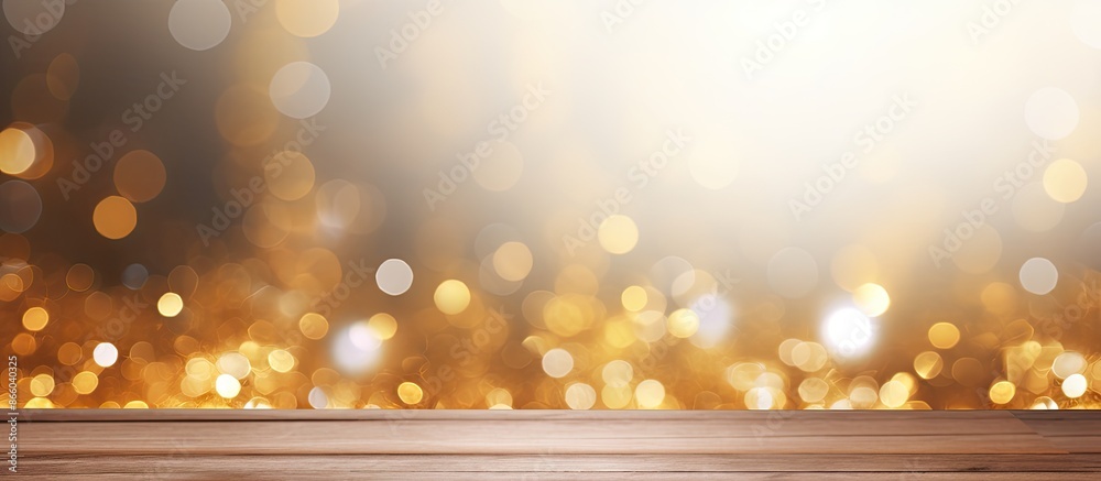 Aufkleber Abstract golden bokeh backdrop with a white textured wooden surface providing ample copy space image for text placement.