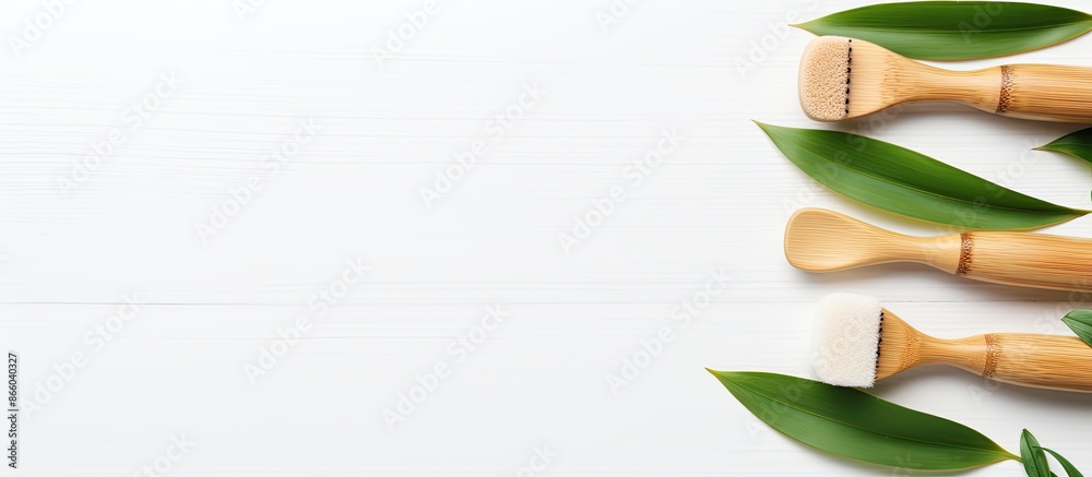 Poster top view of eco-friendly bamboo toothbrushes displayed on a white surface with ample copy space for 