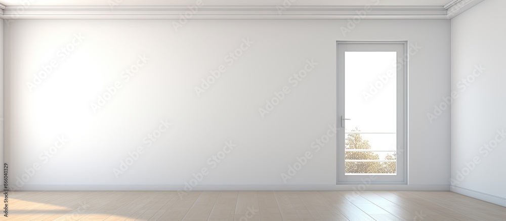 Poster Contemporary spacious apartment with white walls and floor containing an empty room featuring a closed door and window, suitable for a copy space image.