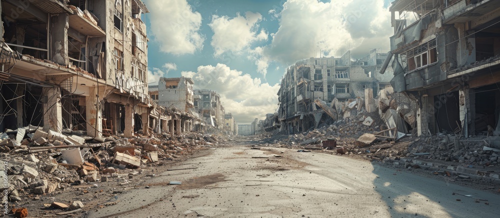 Poster Walls of buildings in ruins of war. with copy space image. Place for adding text or design