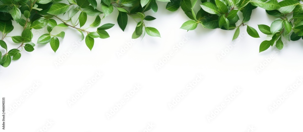 Fototapete Green foliage against a white background with a space for inserting text or images. with copy space image. Place for adding text or design