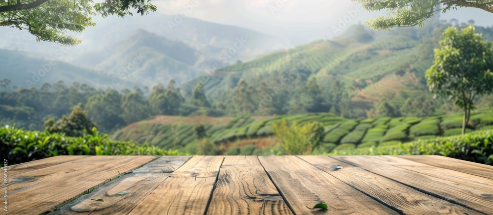 Aufkleber Wooden surface showcasing a scenic mountain view or a tea plantation backdrop with blurred effect, offering a blank area for your text in the image. with copy space image