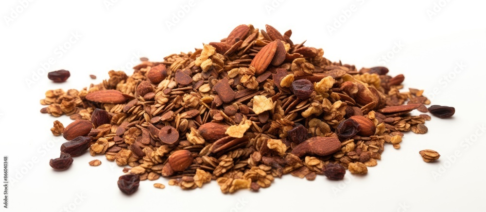 Poster Chocolate granola cereal with nuts set against a white background, providing ample copy space image.