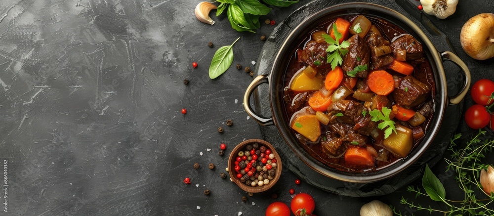 Poster vegetables accompany a beef bourguignon stew on a grey backdrop highlighting a copy space image.