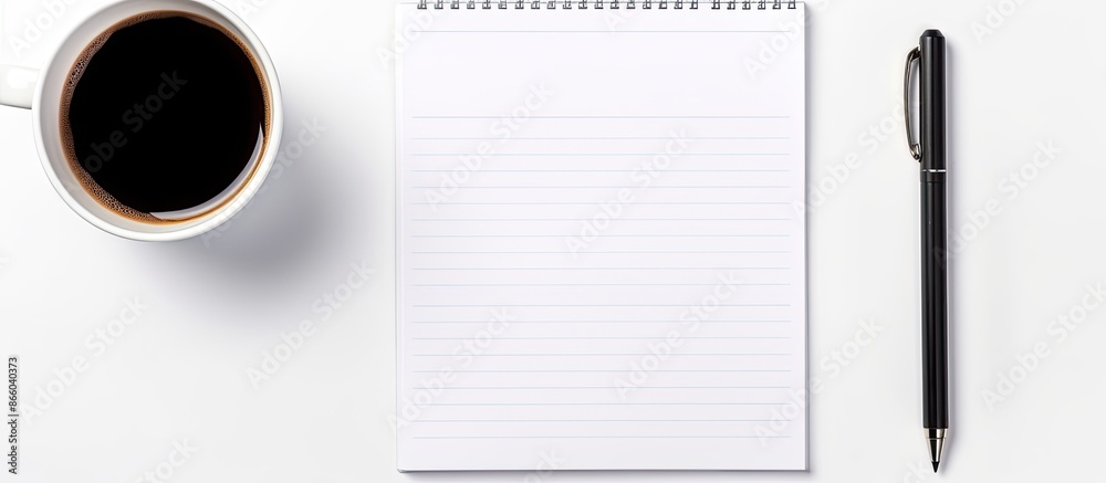 Poster Create a to-do list in a notebook with a white sheet and a black pen, accompanied by a cup of coffee, for a day of planning or event organization, all captured in a copy space image.