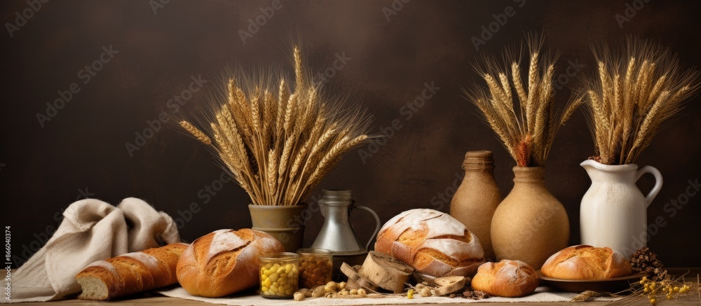 Poster a backdrop filled with home baking ingredients, embellished with wheat ears, offering space for addi