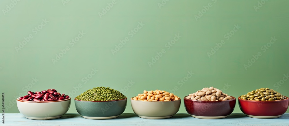 Poster bowls containing red and white beans along with green and red lentils, set against a plain backgroun