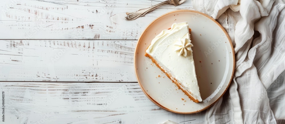 Poster delicious homemade cake on a white wooden table, creating a flat lay composition with space for text