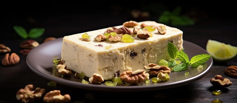 Turkish summer halva with walnuts in a delightful copy space image.