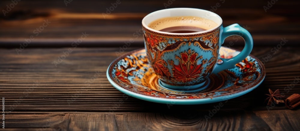 Poster traditional turkish coffee cup with intricate patterns and a retro feel, placed on a wooden table wi