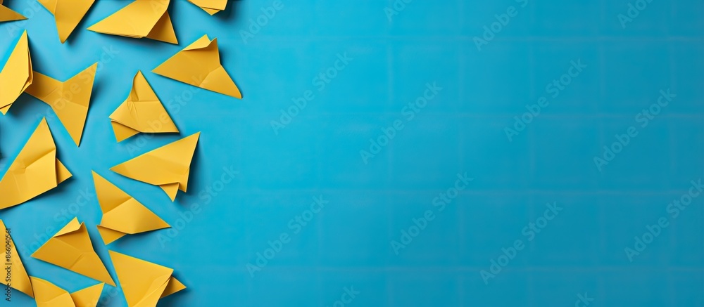 Poster fill half of the frame with a diagonal pattern of yellow paper origami question marks against a pale