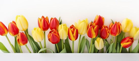 A vivid close-up of red and yellow tulips blooming against a white backdrop, allowing for a beautiful copy space image.