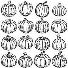 A collection of black and white pumpkins placed on a white surface