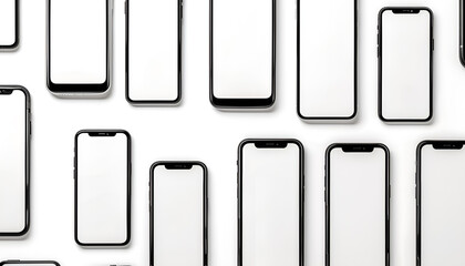 Smartphones with blank screens isolated on white, collage. Mockup for design