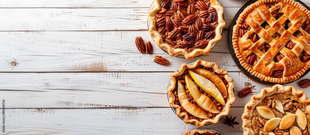 Poster various homemade autumn pies like pumpkin, apple, and pecan displayed from an above view on a white 