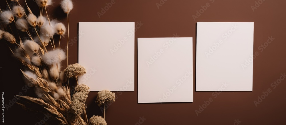 Poster Minimalistic flat lay composition featuring blank greeting cards with dry flowers on a brown backdrop, emphasizing the mockup copy space image on the paper sheets.