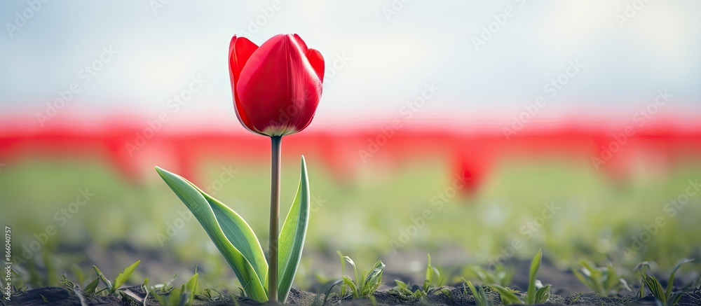 Aufkleber A single tulip in a field, with a background suitable for including text or graphics - a copy space image.