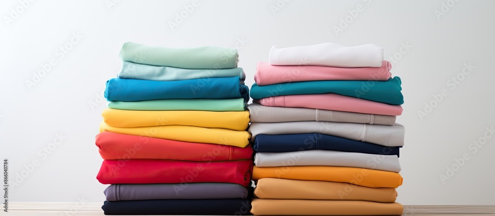 Poster colorful cotton clothes neatly stacked on a white table with an empty copy space for design.