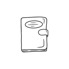 Closed realistic book, notebook, diary in black isolated on white background. Hand drawn vector sketch illustration in doodle engraved vintage line art style. Concept of library, studying, school