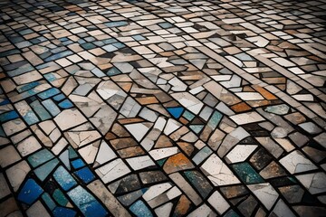 A close-up of a mosaic sidewalk, where individual tiles are chipped and displaced, creating an abstract pattern that embodies the perfect imperfection of urban decay.