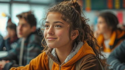Fototapeta premium Attentive student wearing an orange hoodie, sitting in a classroom and listening intently, highlighting focus and education.