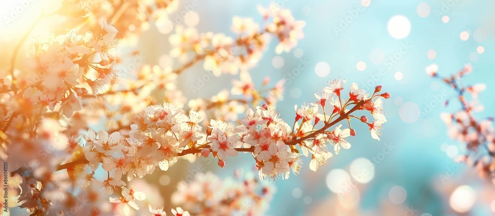 Poster spring cherry branches in bloom with a soft focus against a light blue sky, bathed in sunlight, crea