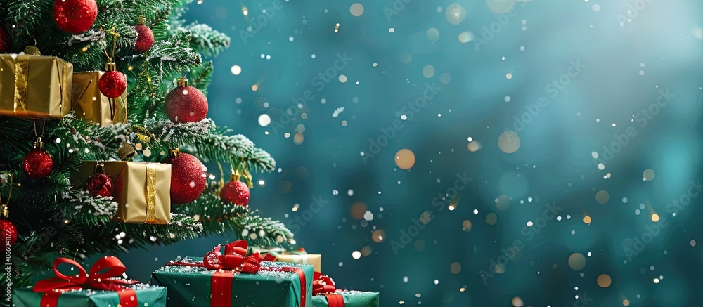 Aufkleber Present in front of the tree. with copy space image. Place for adding text or design