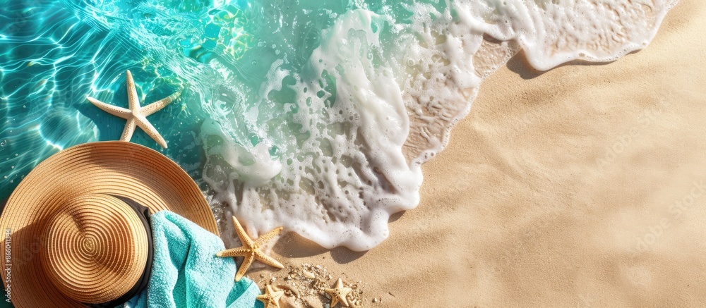 Poster sandy beach with summer essentials like a sun hat, bag, and towel. summer-themed background with roo