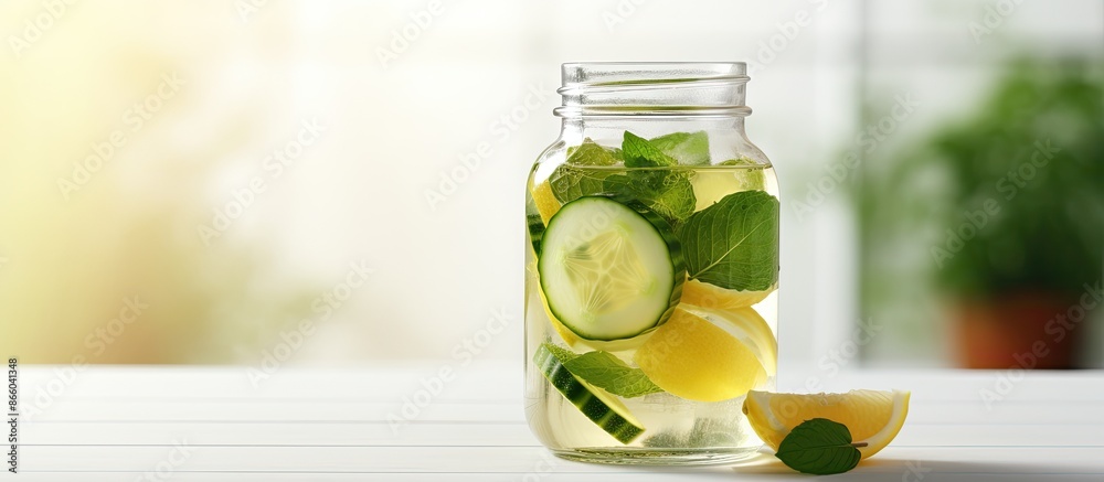 Leinwandbilder fresh and healthy drink concept with lemon cucumber mint infusion in a glass jar on a light backgrou