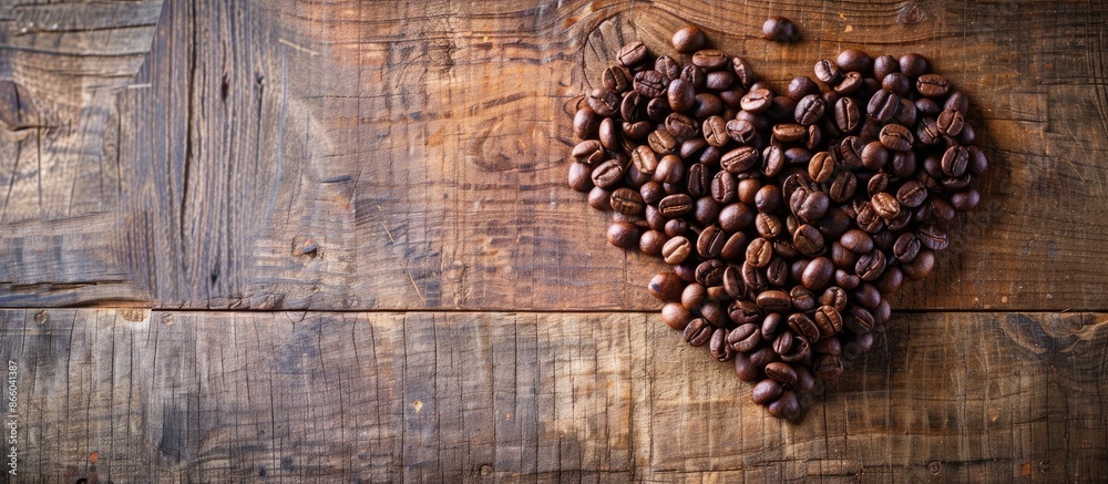 Poster Coffee beans roasted and arranged in a heart shape on a wooden surface with a copy space image.