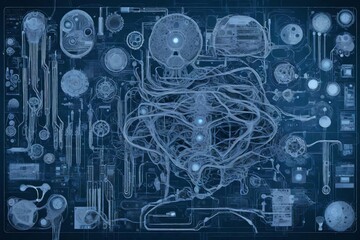 Cybernetic Organism Blueprint: A detailed blueprint-style image capturing the design elements of an AI-driven cybernetic organism.