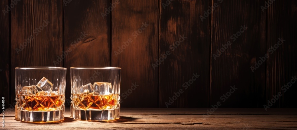 Poster whiskey glasses on a rustic wood backdrop with room for a copy space image.